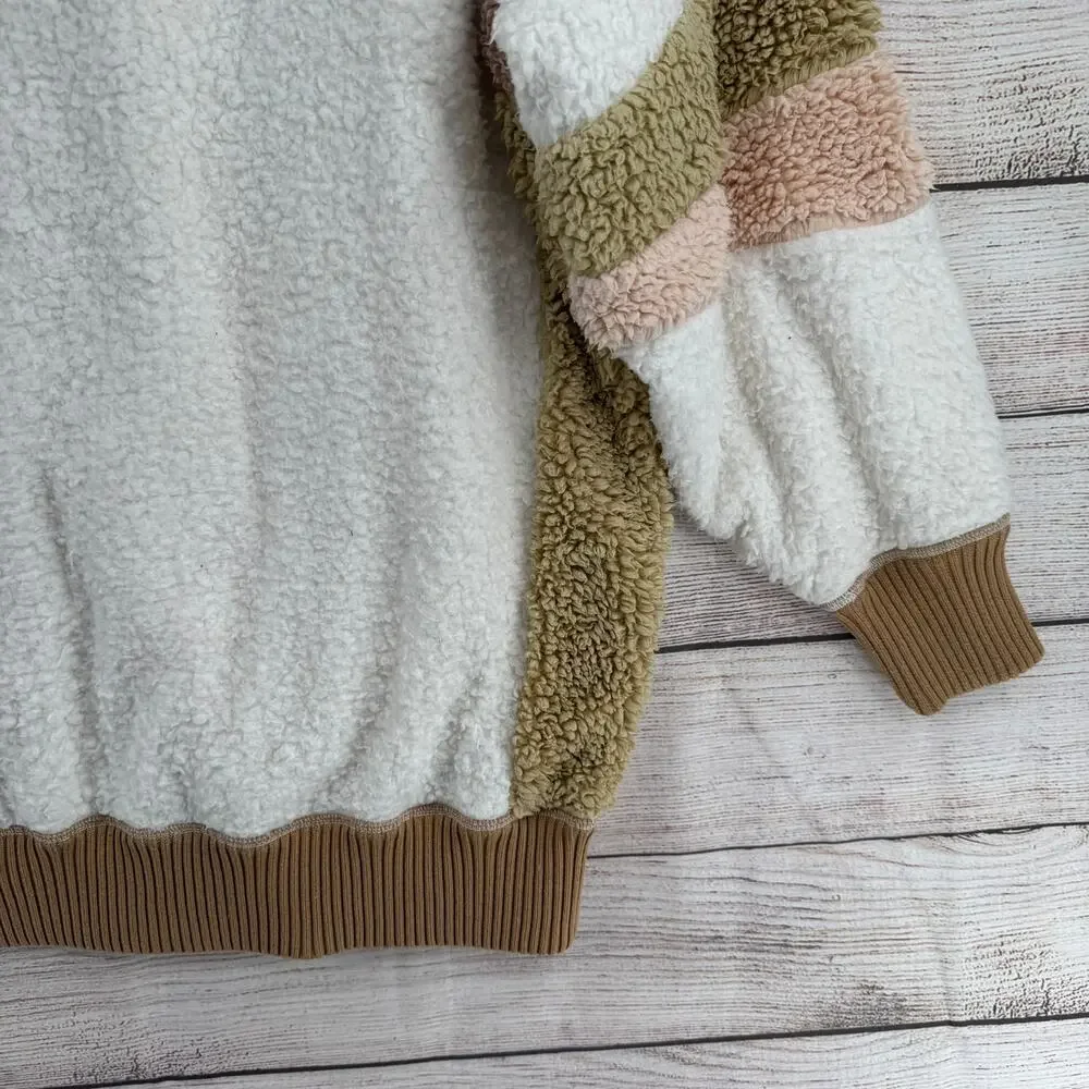 Free People Selma Cardi Colorblock Sherpa Cardigan Sweater Womens L‎ White Brown
